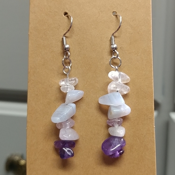 Amethyst Quartz Crystal Blue Lace Agate Earrings Natural Gemstone Chip Beaded - Picture 12 of 14